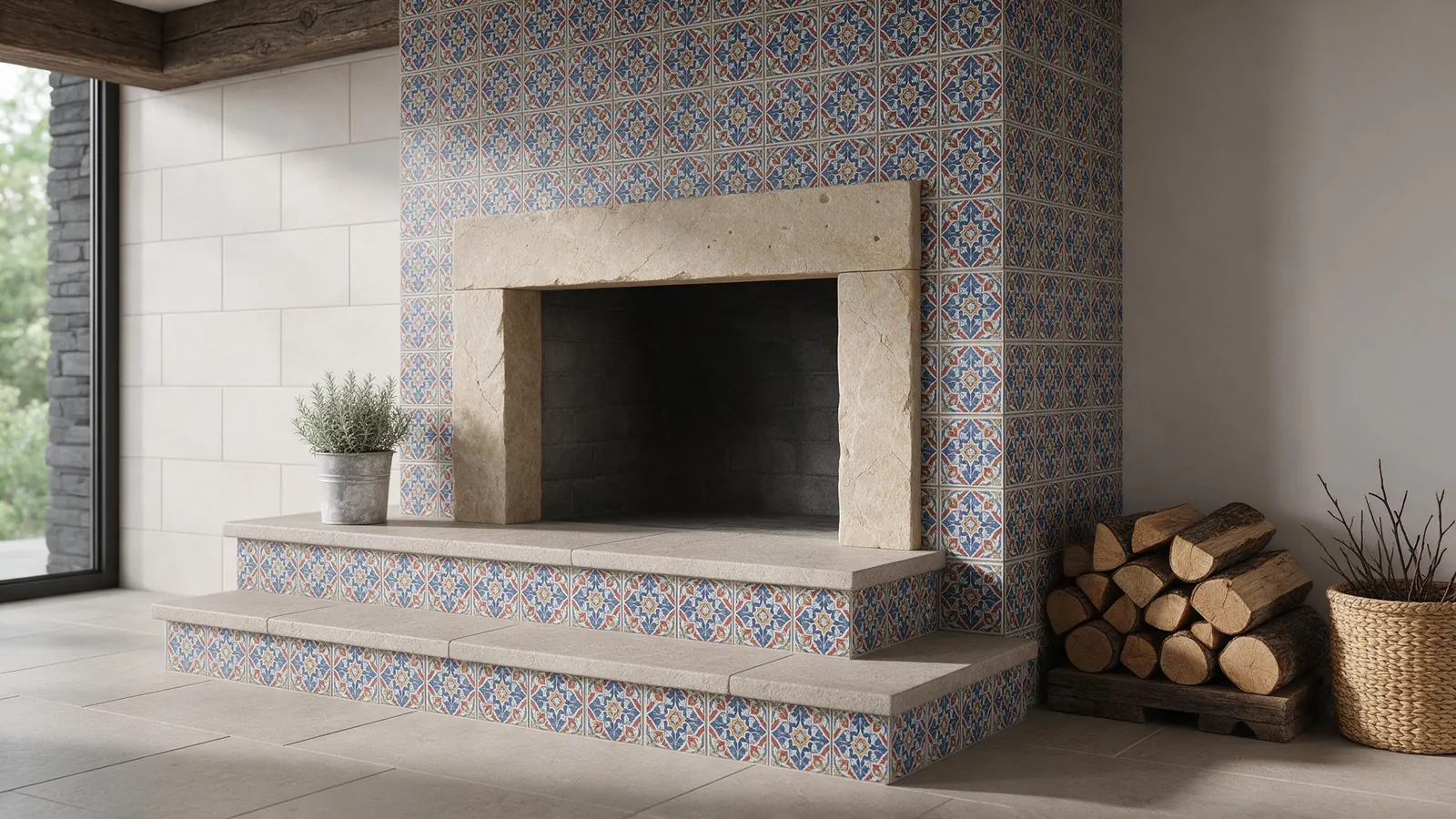 Illustrative render (AI-generated): fireplace tile