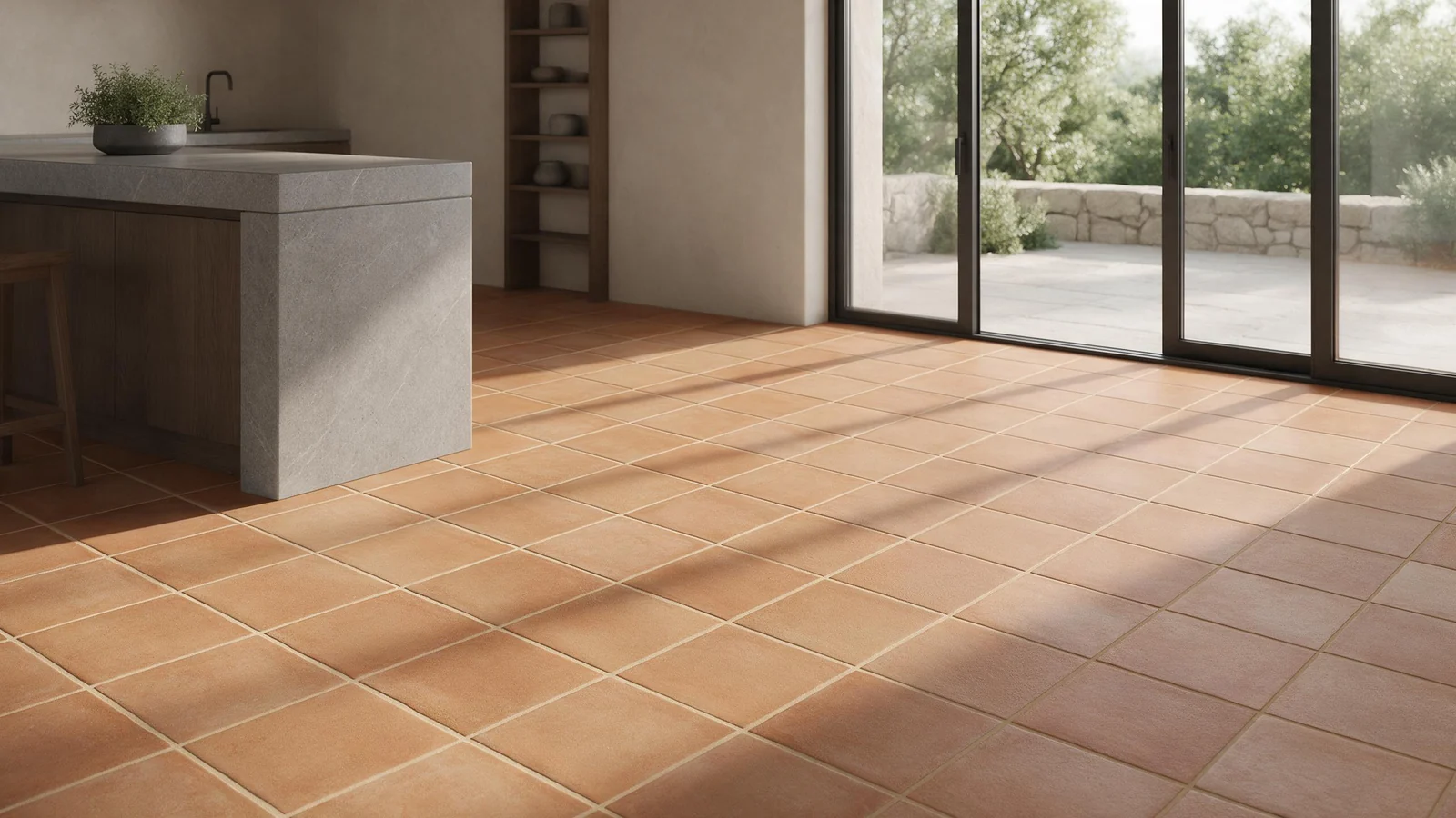 Illustrative render (AI-generated): terra cotta tile